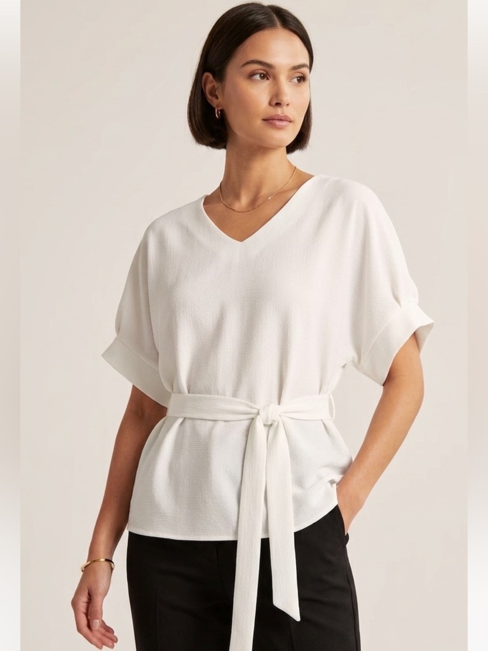 Linen Look White Top with Belt